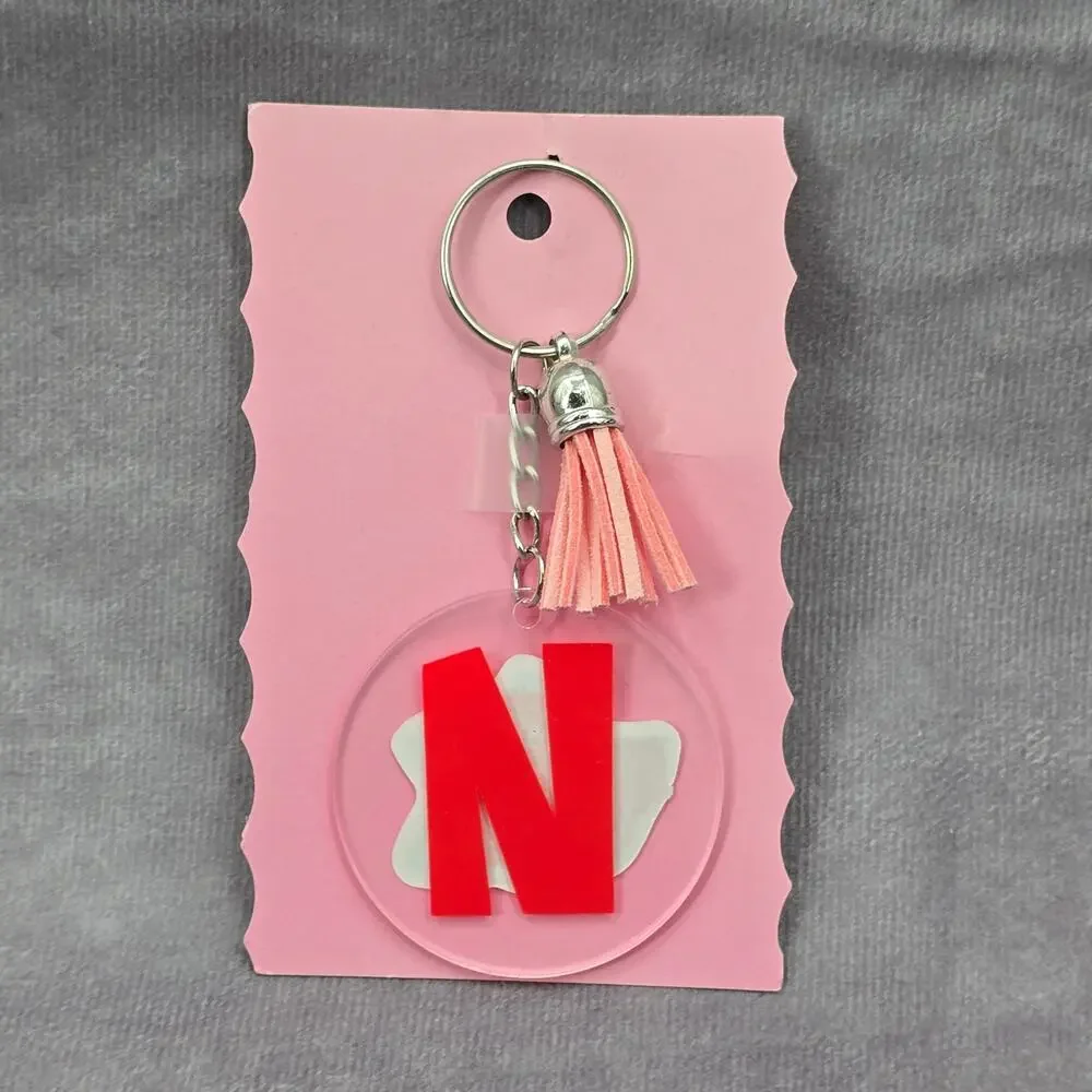 Letter Keychain Clear Silver Circle Handmade‎ Acrylic Tassel Flower N Pink